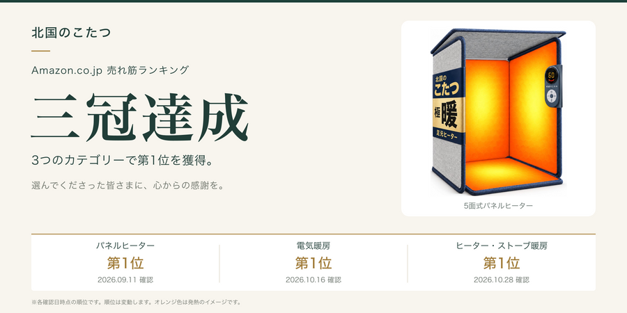 【三冠達成】北国のこたつ、Amazonの3カテゴリーで第1位に
